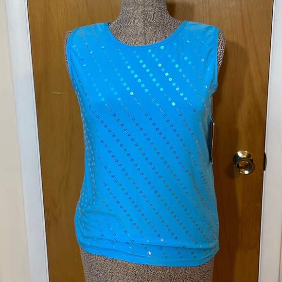 Once 1 Again NWT Womens Large Blue Sleeveless Blouse Sequins Crew Neck - Picture 1 of 8